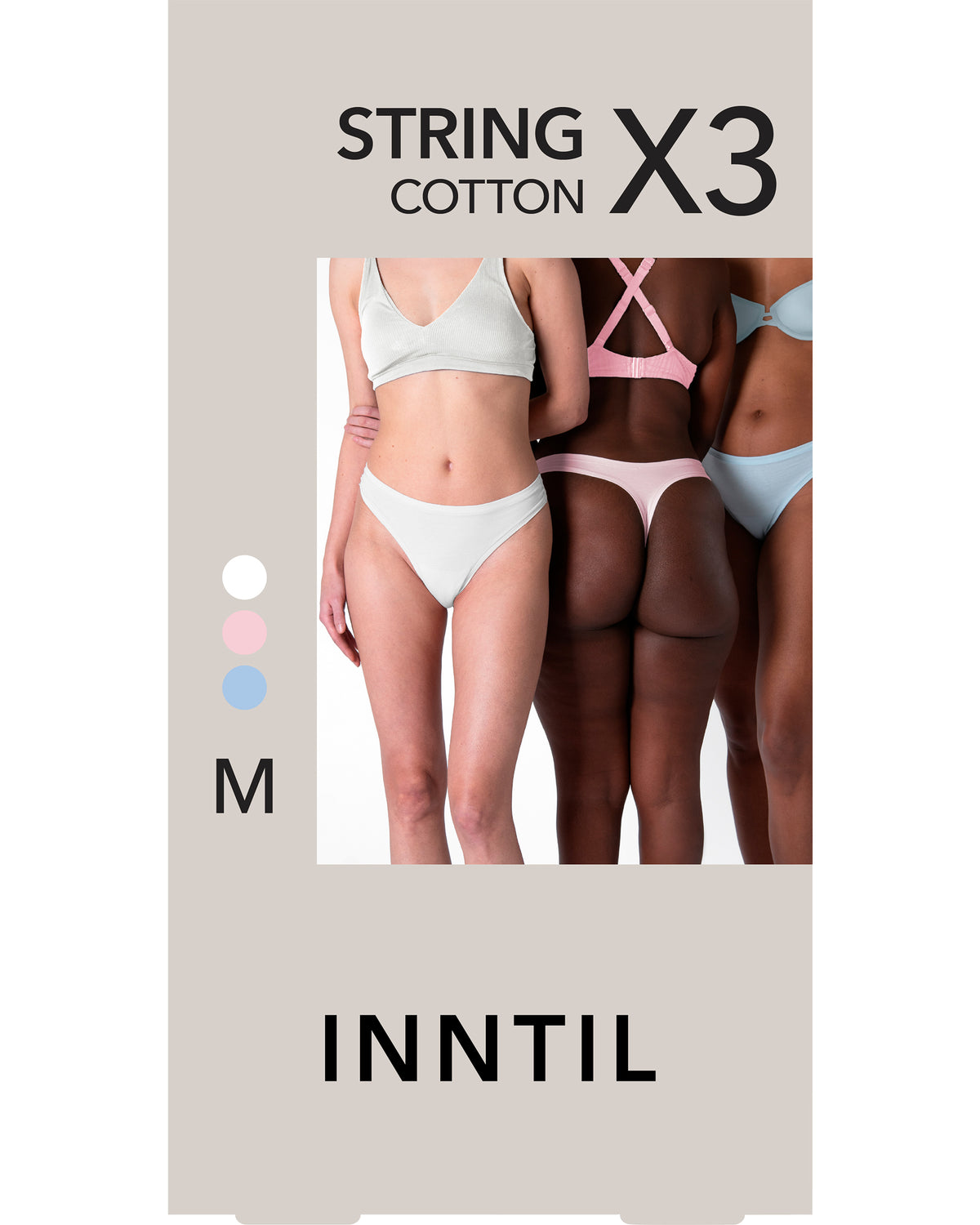 Bomullstring, 3-pk, Hvit/Rosa/Blå